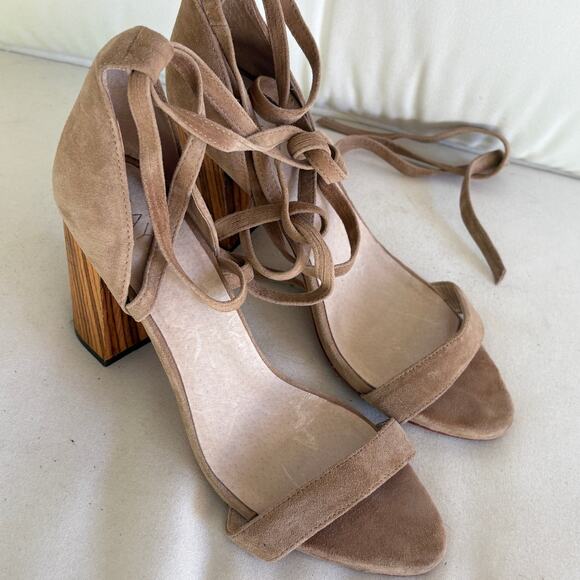 Raye Belle Wrap Heels 9 Suede Tan Brown Wooden Sandals Boho - Picture 7 of 8